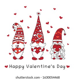 Three gnomes holding hearts in their hands. Valentine's Day