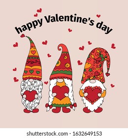 Three gnomes holding hearts in their hands. Valentine's Day