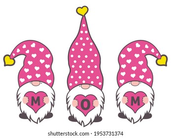 Three Gnomes holding MOM word on Mothers day vector illustrator.