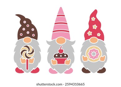 Three gnomes with lollipop, cupcake and donut vector design. Cute shirt print for sweets lovers. Illustration for candy shop invitations, banners, posters, menu. Template for plotter cutting