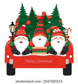 Three gnomes in a red trunk. Funny dwarfs in red caps with beards and moustaches set. Christmas trees and  in the trunk of a car. Illustrated vector clipart.