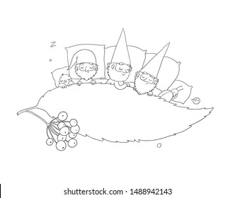 Three gnomes sleep under the leaf. Forest elves