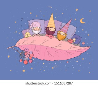 Three gnomes sleep under the leaf. Forest elves. Good night. Sweet Dreams
