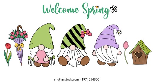 Three Gnomes Spring flower, Springtime. vector illustration