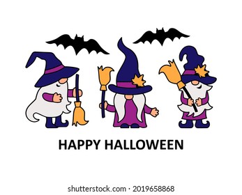 Three gnomes with witch hats and brooms on white background. Happy Halloween. Vector illustration.