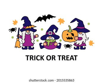 Three gnomes with witch hats, cauldron, halloween pumpkin, broom. Happy Halloween concept. Trick or treat. Vector illustration.