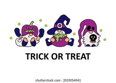 Three gnomes with witch hats, cauldron and halloween pumpkin. Happy Halloween concept. Trick or treat. Vector illustration.