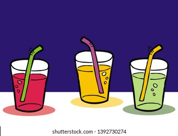 Three goblets, drinks, vector illustration. Group of glasses with fruity drinks, several kinds of lemonade.