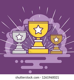 Three goblets in flat style. Golden, silver and bronze. Radiance on purple background. Star on every cup. Success, victory, achievement. Purple clouds of smoke on background
