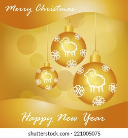 three gold balls with rams and volumetric snowflakes on background Zloty