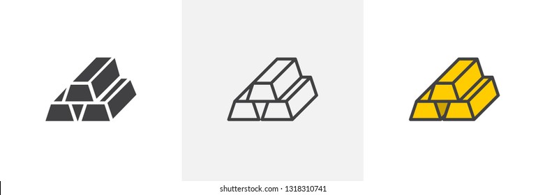 Three gold bars icon. Line, glyph and filled outline colorful version, golden ingots stack outline and filled vector sign. Symbol, logo illustration. Different style icons set. Pixel perfect vector