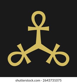 Three gold, black ankh cross symbols. A hieroglyph originating from Ancient Egypt that represents life, immortality and reincarnation.