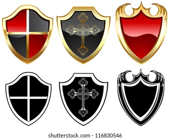 three gold and three black shield on a white background.