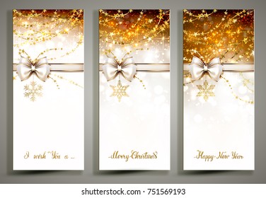 Three gold Christmas greeting cards with bow.
