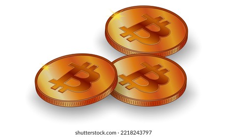 Drei Goldmünzen Bitcoin BTC mit Schatten in isometrischer Ansicht einzeln auf weißem Hintergrund. Vectordesign-Element.