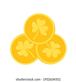 Three gold coins decorated with shamrock clover. Vector illustration for St. Patrick's Day, isolated on a white background.