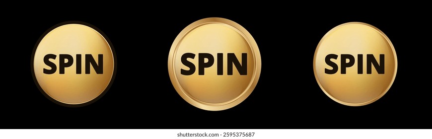 Three gold coins displaying the word spin in bold black letters, showcasing repetition and design.