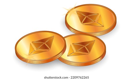 Three gold coins Ethereum ETH with shadow in isometric view isolated on white background. Design element.