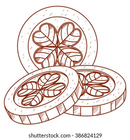 Three gold coins with four-leaf clover.