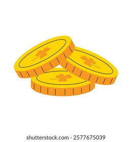 Three gold coins with shamrocks stacked on top of each other, symbolizing St. Patrick's Day and good fortune. Vector illustration.