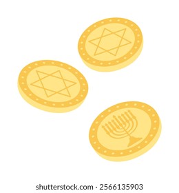 Three gold coins with a star of David on them. The coins are arranged in a triangle