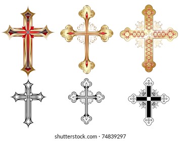 three gold cross decorated with red pattern and black silhouettes of the cross on a white background.