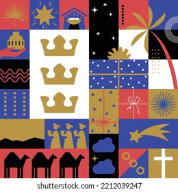 Three gold crowns for Traditional Three King's Day of January 6, holiday background vector illustration. The three wise men first saw baby Jesus and brought him gifts