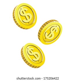 Three gold dropping coins isolated on white background. Vector Illustration 
