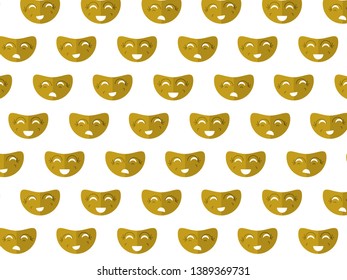 Three gold flat carnival masks depicting different emotions: joy, flirting and disgust and forming a pattern.