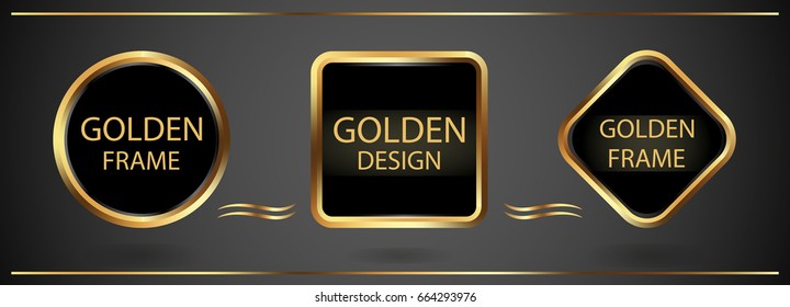 Three gold frames and golden elements for design. Set. Vector illustration.