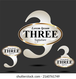 Three; gold and glass framed ellipse centered numeral and word logo for number. Three letter with three figure logo design. Golden number names typography design.  Text logo studies for all numbers.