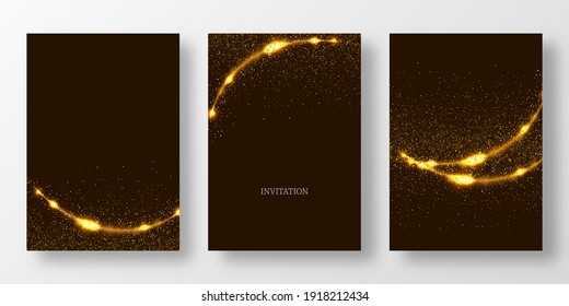 Three gold glitter invitation design templates. Festive design of cards, invitations, brochures. Gold glitters on a black background.