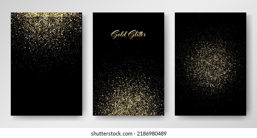 Three gold glitter invitation design templates. Holiday cards, invitations, brochures