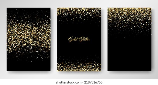 Tres plantillas de diseño de invitación para brillo dorado. Tarjetas de vacaciones, invitaciones, folletos.