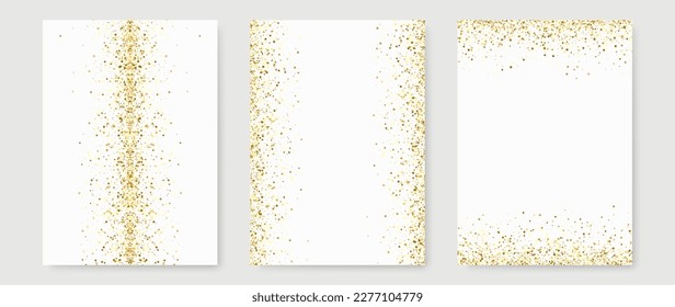 Three gold glitter invitation design templates. Festive design of cards, invitations, brochures. Gold glitters on a white background.