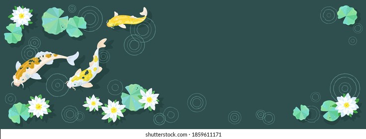 Three gold Japanese koi carp swim in the flowering pond during the rain. Banner on a Tidewater Green background. Trends color 2021. Place for your text. Vector flat illustration.