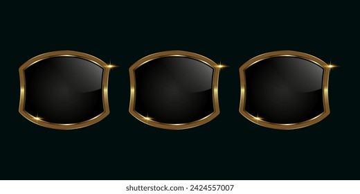 Three Gold labels, three dark premium buttons, labels top quality product in Luxury, Gold shiny buttons, metallic golden infographic, vector illustration