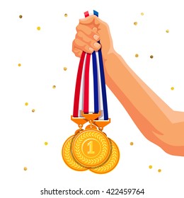 Three gold medals in his hand. Vector illustration on a white background with confetti. Winner and medalist.