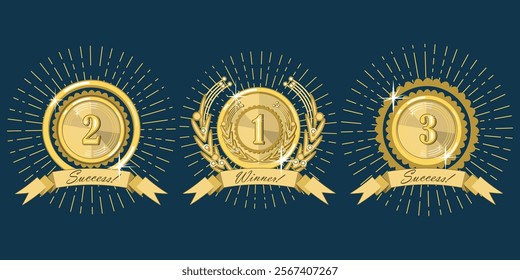 Three gold medals with numbers 1, 2 and 3, and ribbons with inscriptions and diverging rays. Dark blue background. Vector set