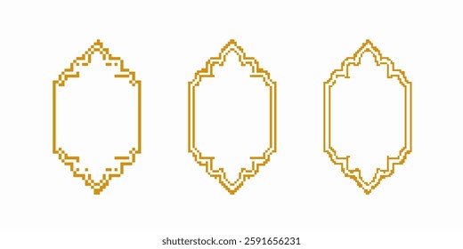 Three gold pixel frames with geometric patterns show symmetry and intricate designs.