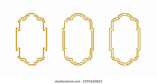 Three gold pixel frames with symmetrical curves and geometric shapes, perfect for digital designs.