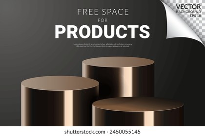 Three gold podium product stage background, empty luxury backdrop, modern minimal free space for products on grey background. Vector Illustration