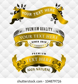 three gold ribbon banners with seamless upholstery texture