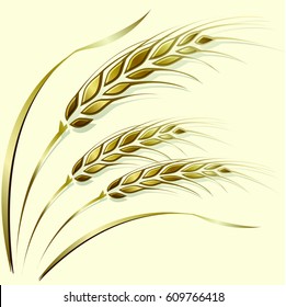 Three gold ripe wheat ears with leaves on beige background.
