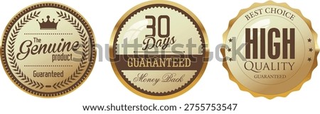 Three gold seal labels for quality guarantee and authenticity