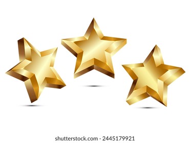 three gold stars, 3d gold stars, five stars rating icon set	