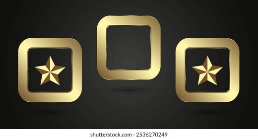 Tres estrellas de oro emblema encerrado en un marco cuadrado redondeado Botones de cuadros, que le da cinco lujosas y premium apariencias. conjunto de 3 estrellas de lujo y Premium