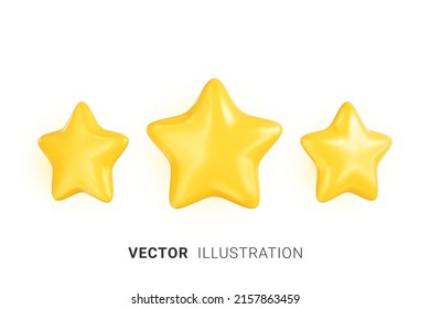 Three gold stars icon. Glossy yellow stars shape. Customer feedback or customer review concept. Realistic 3d vector illustration on white background