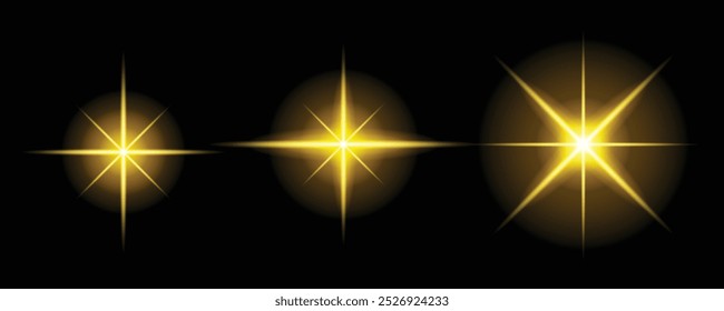 Tres efectos de luz en forma de estrella de oro sobre fondo negro. Adecuado para proyectos de Diseño gráfico, temas de vacaciones y diseños festivos.
