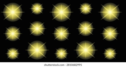 Three gold starshaped light effects on black background. Suitable for graphic design projects, holiday themes, and festive designs.